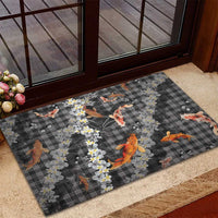 Black Palaka Hawaiian And Japanese Rubber Doormat Sakura Lei With Koi Fish - Polynesian Pride