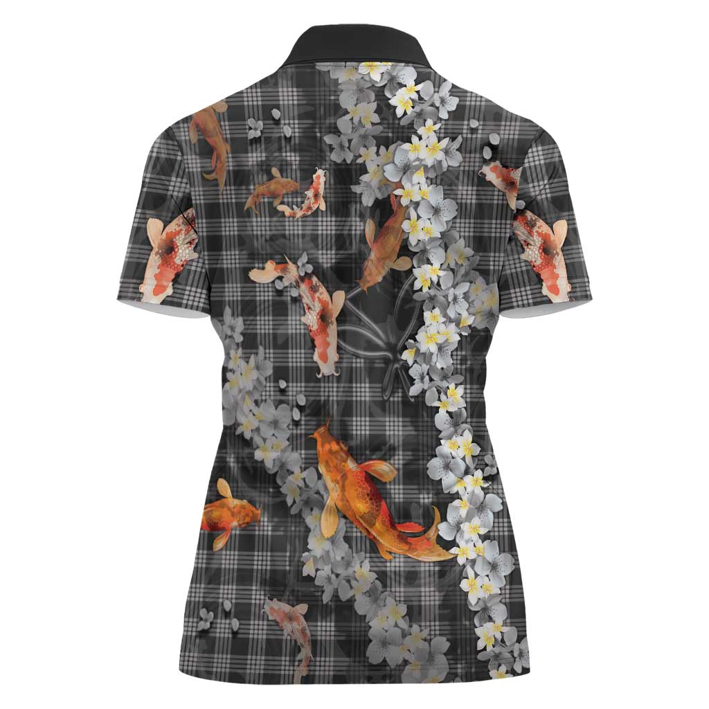 Black Palaka Hawaiian And Japanese Women Polo Shirt Sakura Lei With Koi Fish - Polynesian Pride
