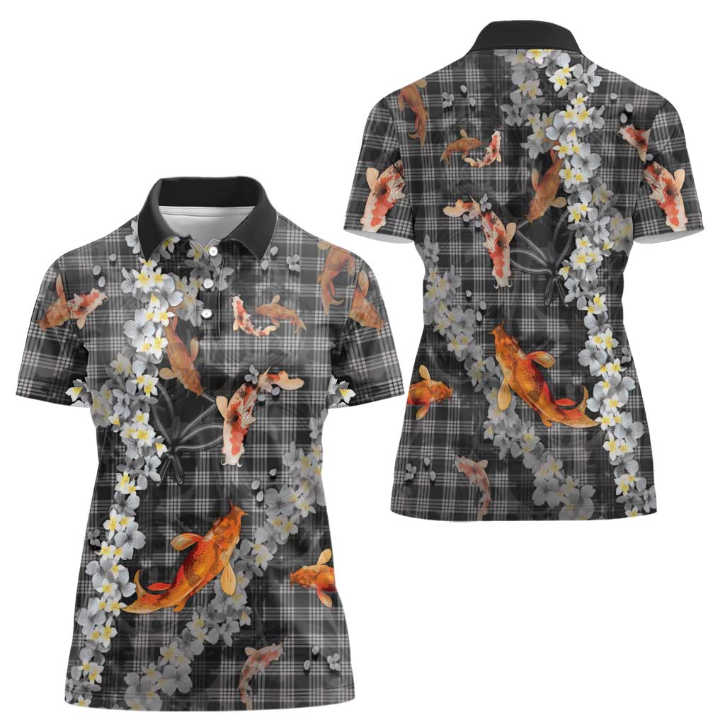 Black Palaka Hawaiian And Japanese Women Polo Shirt Sakura Lei With Koi Fish - Polynesian Pride