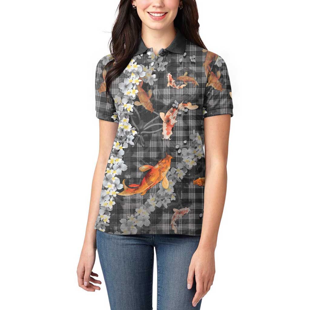 Black Palaka Hawaiian And Japanese Women Polo Shirt Sakura Lei With Koi Fish - Polynesian Pride