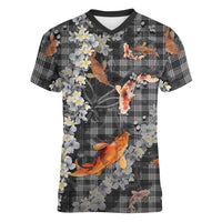 Black Palaka Hawaiian And Japanese Women V-Neck T-Shirt Sakura Lei With Koi Fish - Polynesian Pride