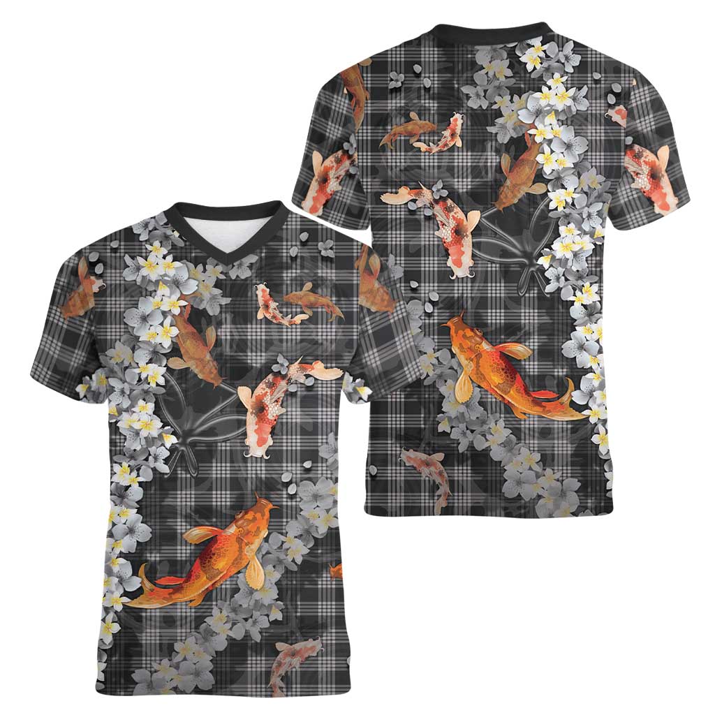 Black Palaka Hawaiian And Japanese Women V-Neck T-Shirt Sakura Lei With Koi Fish - Polynesian Pride