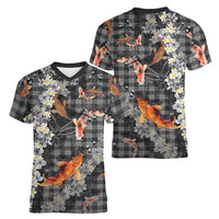 Black Palaka Hawaiian And Japanese Women V-Neck T-Shirt Sakura Lei With Koi Fish - Polynesian Pride