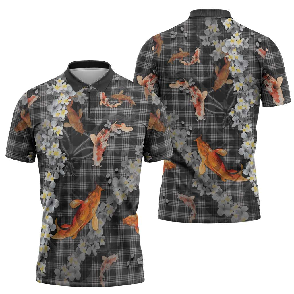 Black Palaka Hawaiian And Japanese Zipper Polo Shirt Sakura Lei With Koi Fish - Polynesian Pride