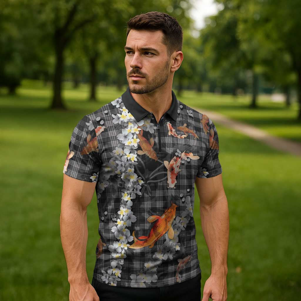 Black Palaka Hawaiian And Japanese Zipper Polo Shirt Sakura Lei With Koi Fish - Polynesian Pride