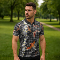 Black Palaka Hawaiian And Japanese Zipper Polo Shirt Sakura Lei With Koi Fish - Polynesian Pride