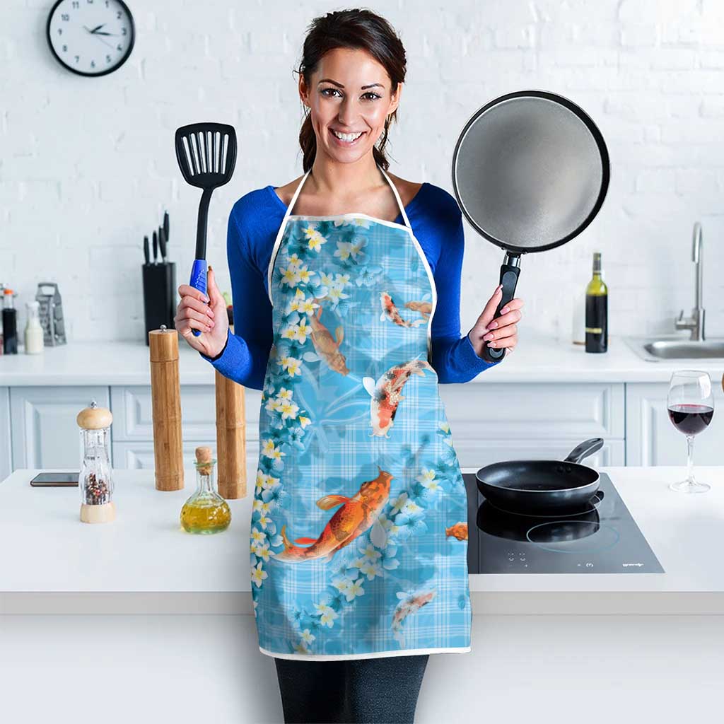 Blue Palaka Hawaiian And Japanese Apron Sakura Lei With Koi Fish - Polynesian Pride