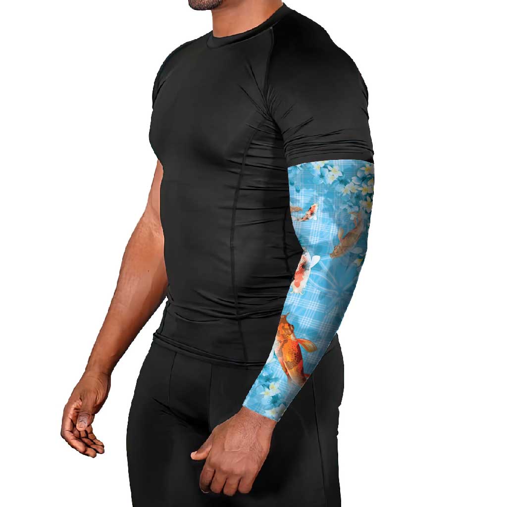 Blue Palaka Hawaiian And Japanese Arm Sleeves Sakura Lei With Koi Fish - Polynesian Pride