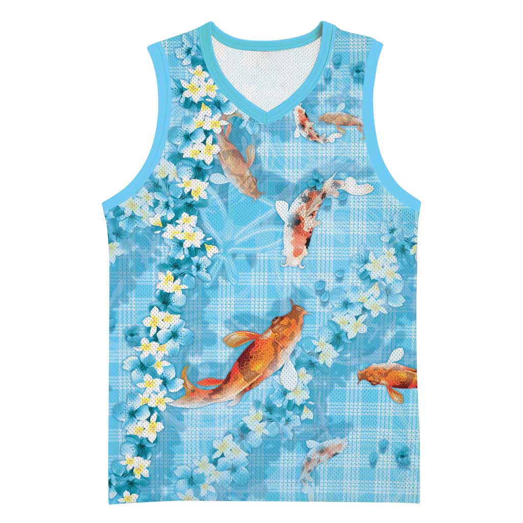 Blue Palaka Hawaiian And Japanese Basketball Jersey Sakura Lei With Koi Fish - Polynesian Pride