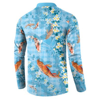 Blue Palaka Hawaiian And Japanese Button Sweatshirt Sakura Lei With Koi Fish - Polynesian Pride