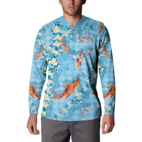 Blue Palaka Hawaiian And Japanese Button Sweatshirt Sakura Lei With Koi Fish - Polynesian Pride