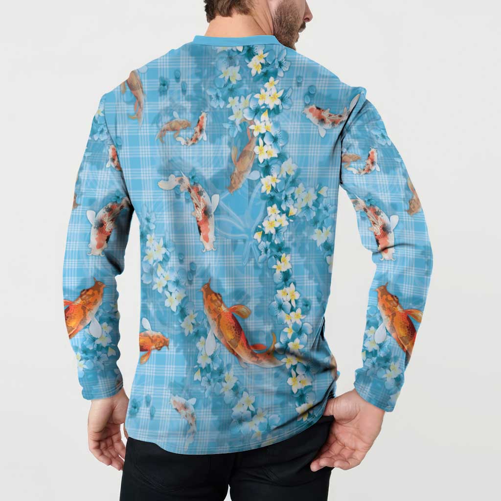 Blue Palaka Hawaiian And Japanese Button Sweatshirt Sakura Lei With Koi Fish - Polynesian Pride