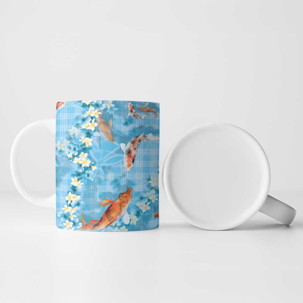 Blue Palaka Hawaiian And Japanese Ceramic Mug Sakura Lei With Koi Fish - Polynesian Pride