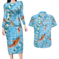 Blue Palaka Hawaiian And Japanese Couples Matching Long Sleeve Bodycon Dress and Hawaiian Shirt Sakura Lei With Koi Fish DT05 Blue - Polynesian Pride