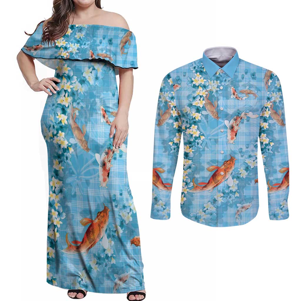 Blue Palaka Hawaiian And Japanese Couples Matching Off Shoulder Maxi Dress and Long Sleeve Button Shirt Sakura Lei With Koi Fish DT05 Blue - Polynesian Pride