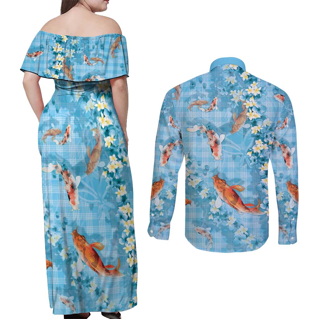 Blue Palaka Hawaiian And Japanese Couples Matching Off Shoulder Maxi Dress and Long Sleeve Button Shirt Sakura Lei With Koi Fish DT05 - Polynesian Pride