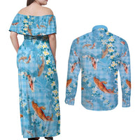 Blue Palaka Hawaiian And Japanese Couples Matching Off Shoulder Maxi Dress and Long Sleeve Button Shirt Sakura Lei With Koi Fish DT05 - Polynesian Pride