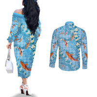 Blue Palaka Hawaiian And Japanese Couples Matching Off The Shoulder Long Sleeve Dress and Long Sleeve Button Shirt Sakura Lei With Koi Fish DT05 - Polynesian Pride