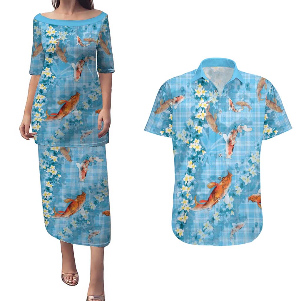 Blue Palaka Hawaiian And Japanese Couples Matching Puletasi and Hawaiian Shirt Sakura Lei With Koi Fish - Polynesian Pride