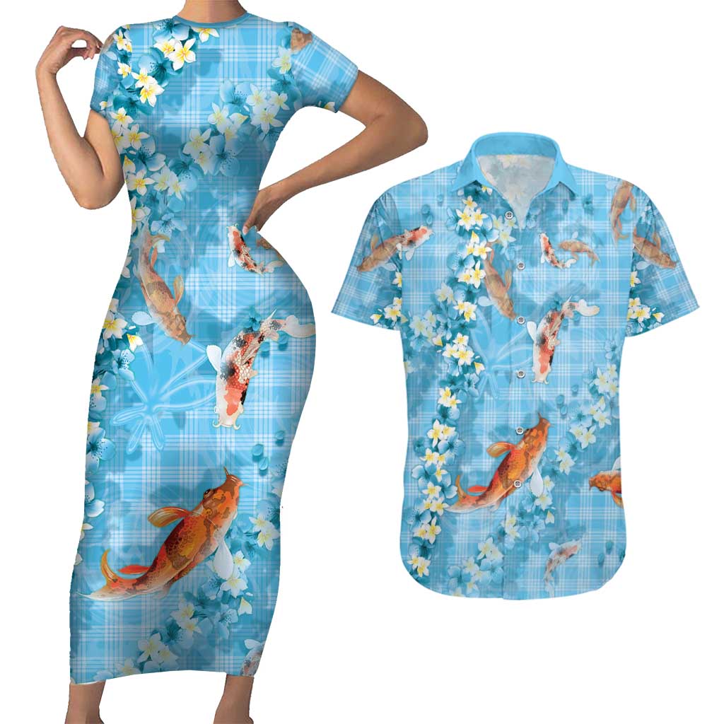 Blue Palaka Hawaiian And Japanese Couples Matching Short Sleeve Bodycon Dress and Hawaiian Shirt Sakura Lei With Koi Fish DT05 Blue - Polynesian Pride