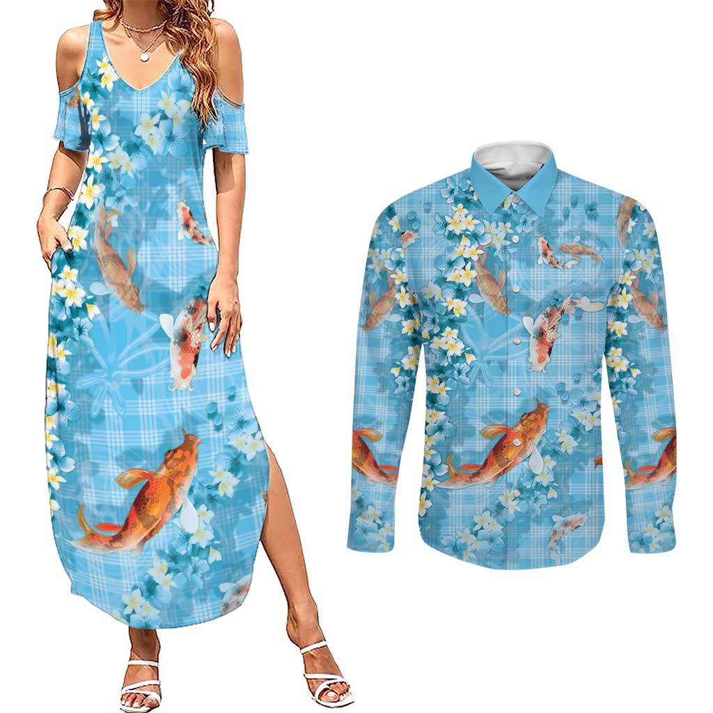Blue Palaka Hawaiian And Japanese Couples Matching Summer Maxi Dress and Long Sleeve Button Shirt Sakura Lei With Koi Fish - Polynesian Pride