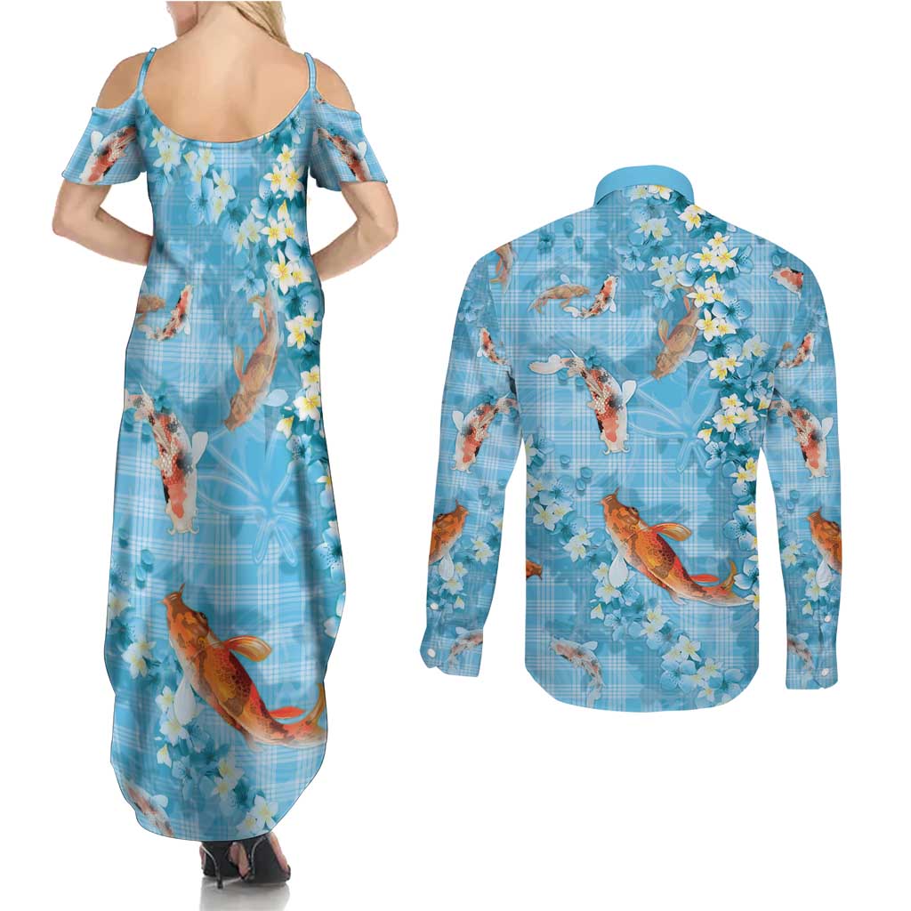 Blue Palaka Hawaiian And Japanese Couples Matching Summer Maxi Dress and Long Sleeve Button Shirt Sakura Lei With Koi Fish - Polynesian Pride