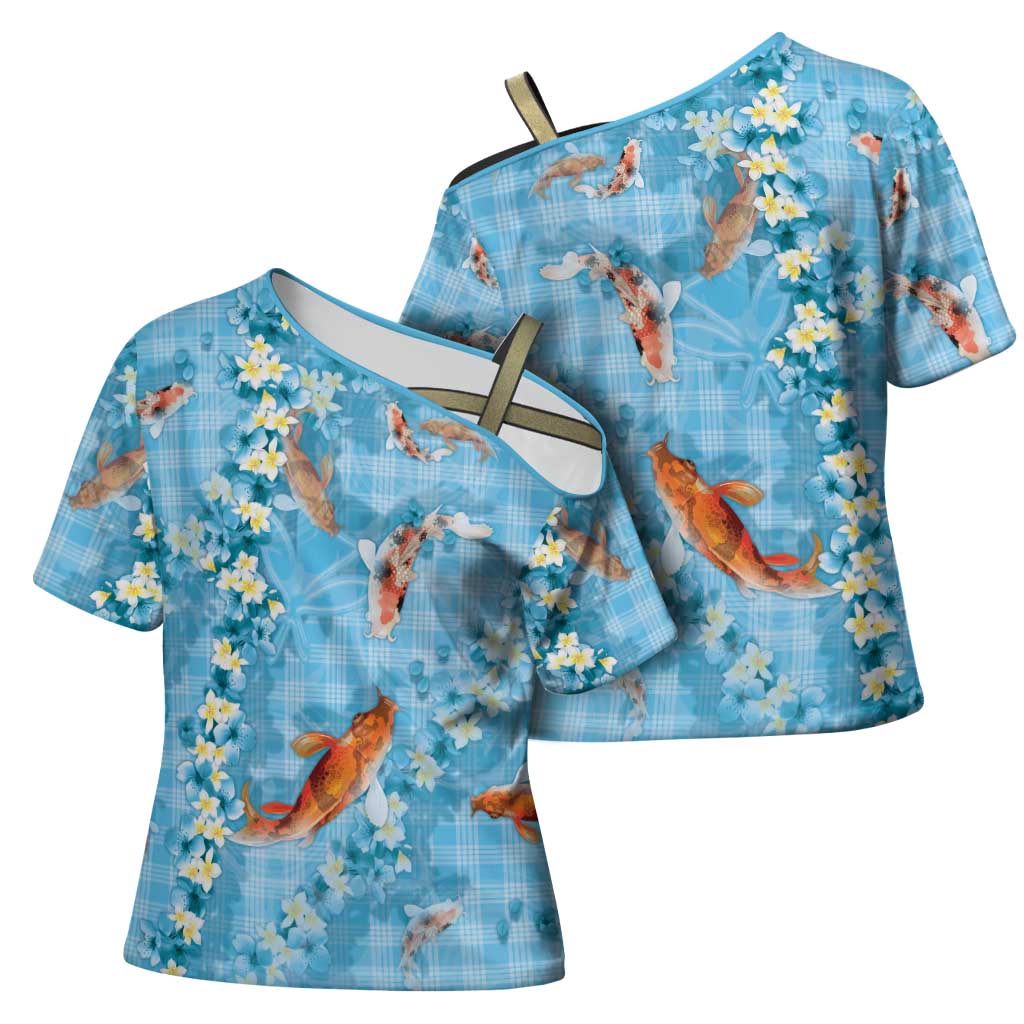 Blue Palaka Hawaiian And Japanese Cross Shoulder Shirt Sakura Lei With Koi Fish - Polynesian Pride