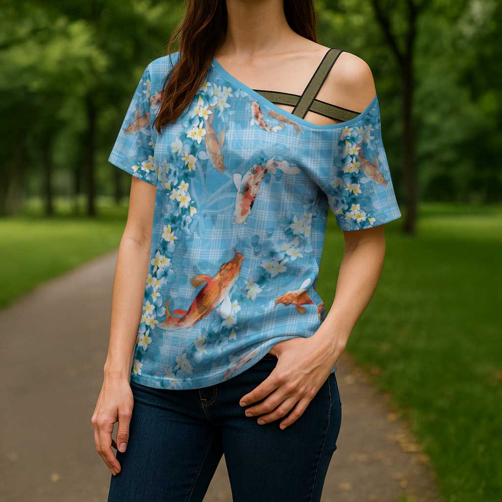 Blue Palaka Hawaiian And Japanese Cross Shoulder Shirt Sakura Lei With Koi Fish - Polynesian Pride