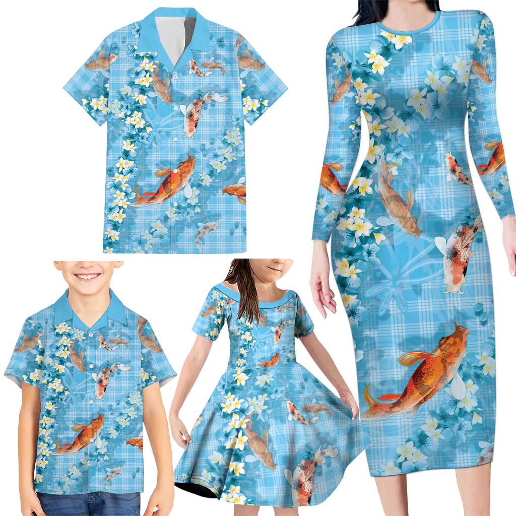 Blue Palaka Hawaiian And Japanese Family Matching Long Sleeve Bodycon Dress and Hawaiian Shirt Sakura Lei With Koi Fish - Polynesian Pride