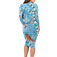 Blue Palaka Hawaiian And Japanese Family Matching Long Sleeve Bodycon Dress and Hawaiian Shirt Sakura Lei With Koi Fish DT05 - Polynesian Pride