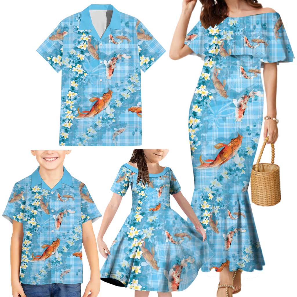 Blue Palaka Hawaiian And Japanese Family Matching Mermaid Dress and Hawaiian Shirt Sakura Lei With Koi Fish DT05 - Polynesian Pride