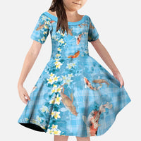Blue Palaka Hawaiian And Japanese Family Matching Off Shoulder Maxi Dress and Hawaiian Shirt Sakura Lei With Koi Fish DT05 Daughter's Dress Blue - Polynesian Pride