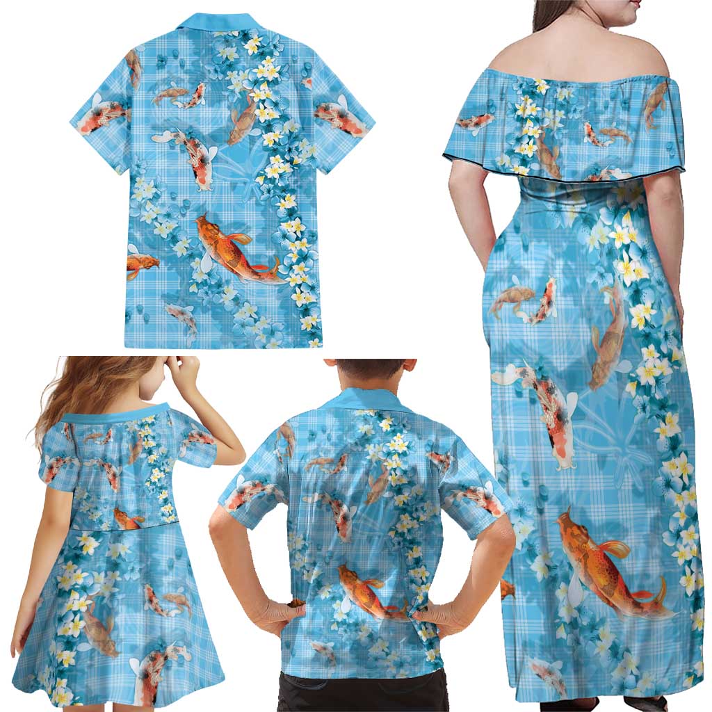 Blue Palaka Hawaiian And Japanese Family Matching Off Shoulder Maxi Dress and Hawaiian Shirt Sakura Lei With Koi Fish DT05 - Polynesian Pride