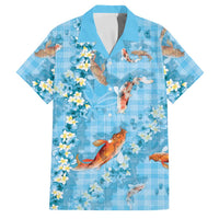 Blue Palaka Hawaiian And Japanese Family Matching Off Shoulder Maxi Dress and Hawaiian Shirt Sakura Lei With Koi Fish DT05 Dad's Shirt - Short Sleeve Blue - Polynesian Pride