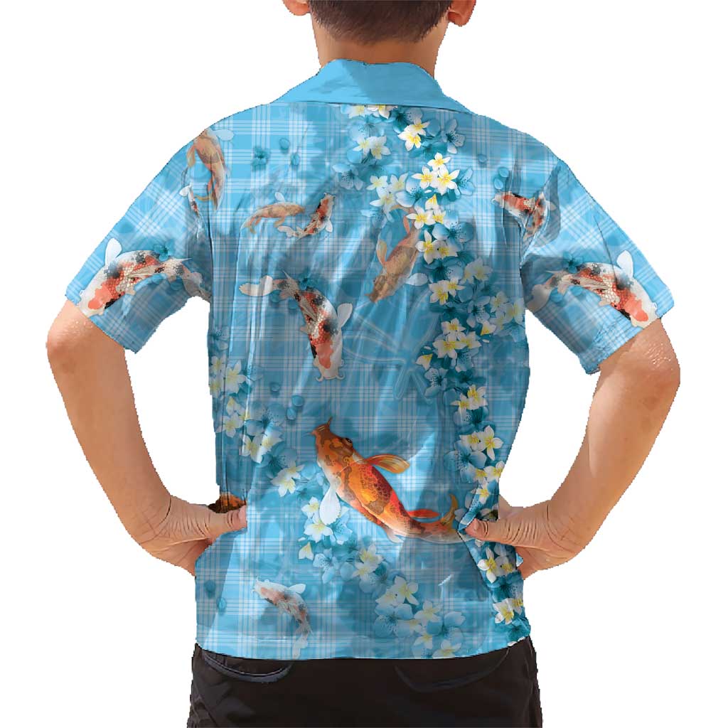 Blue Palaka Hawaiian And Japanese Family Matching Off Shoulder Short Dress and Hawaiian Shirt Sakura Lei With Koi Fish DT05 - Polynesian Pride