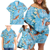 Blue Palaka Hawaiian And Japanese Family Matching Off Shoulder Short Dress and Hawaiian Shirt Sakura Lei With Koi Fish DT05 - Polynesian Pride