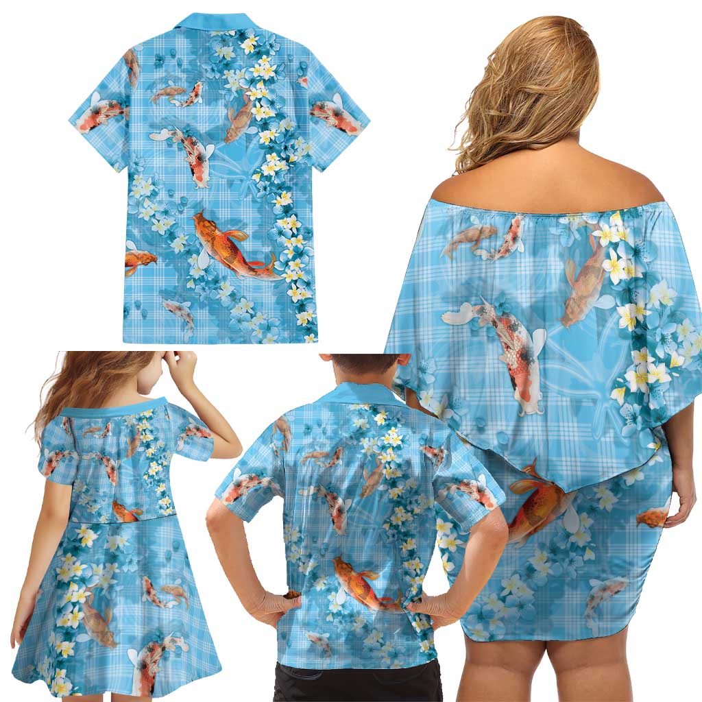 Blue Palaka Hawaiian And Japanese Family Matching Off Shoulder Short Dress and Hawaiian Shirt Sakura Lei With Koi Fish DT05 - Polynesian Pride