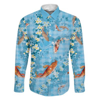 Blue Palaka Hawaiian And Japanese Family Matching Off Shoulder Short Dress and Hawaiian Shirt Sakura Lei With Koi Fish DT05 Dad's Shirt - Long Sleeve Blue - Polynesian Pride