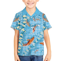 Blue Palaka Hawaiian And Japanese Family Matching Off Shoulder Short Dress and Hawaiian Shirt Sakura Lei With Koi Fish DT05 Son's Shirt Blue - Polynesian Pride