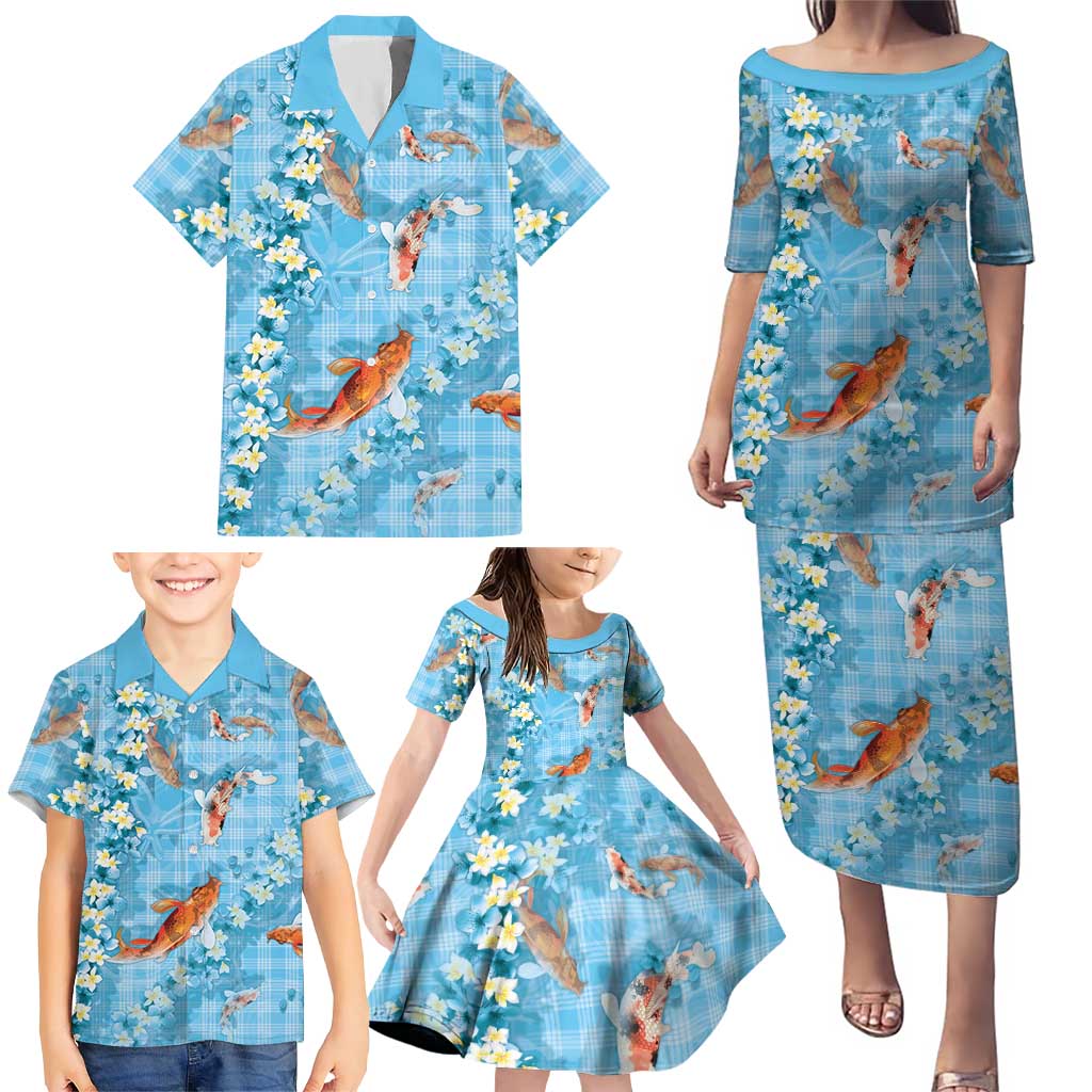 Blue Palaka Hawaiian And Japanese Family Matching Puletasi and Hawaiian Shirt Sakura Lei With Koi Fish DT05 - Polynesian Pride
