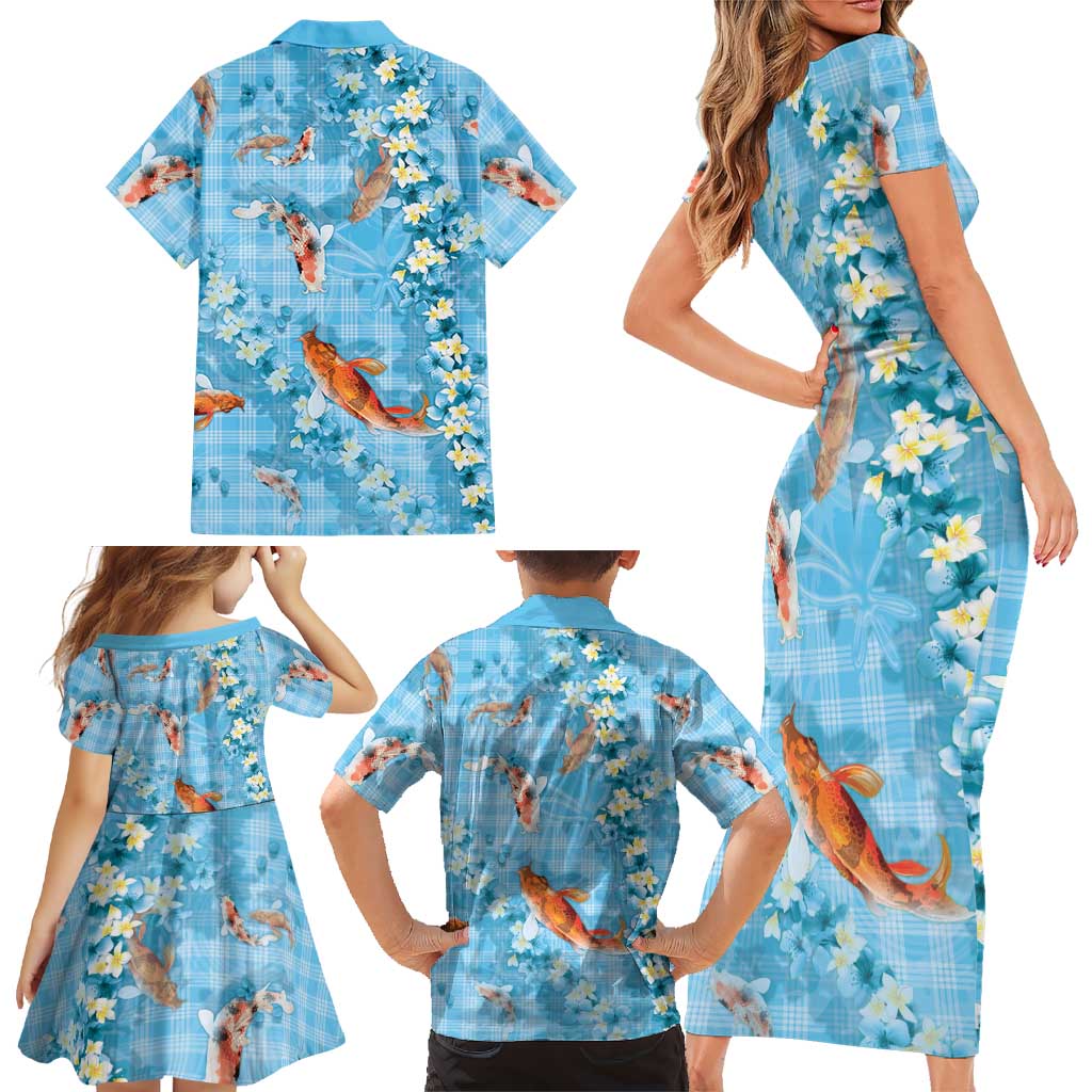 Blue Palaka Hawaiian And Japanese Family Matching Short Sleeve Bodycon Dress and Hawaiian Shirt Sakura Lei With Koi Fish DT05 - Polynesian Pride