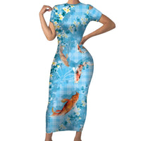Blue Palaka Hawaiian And Japanese Family Matching Short Sleeve Bodycon Dress and Hawaiian Shirt Sakura Lei With Koi Fish DT05 Mom's Dress Blue - Polynesian Pride