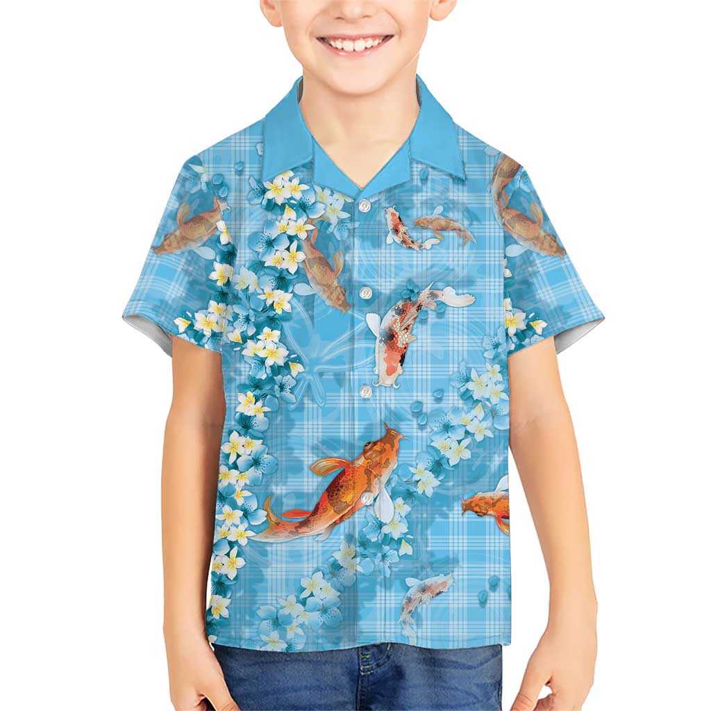 Blue Palaka Hawaiian And Japanese Family Matching Short Sleeve Bodycon Dress and Hawaiian Shirt Sakura Lei With Koi Fish DT05 Son's Shirt Blue - Polynesian Pride