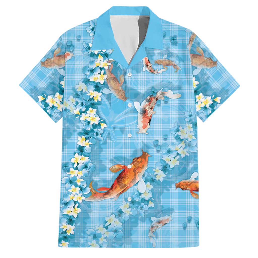 Blue Palaka Hawaiian And Japanese Family Matching Summer Maxi Dress and Hawaiian Shirt Sakura Lei With Koi Fish DT05 Dad's Shirt - Short Sleeve Blue - Polynesian Pride