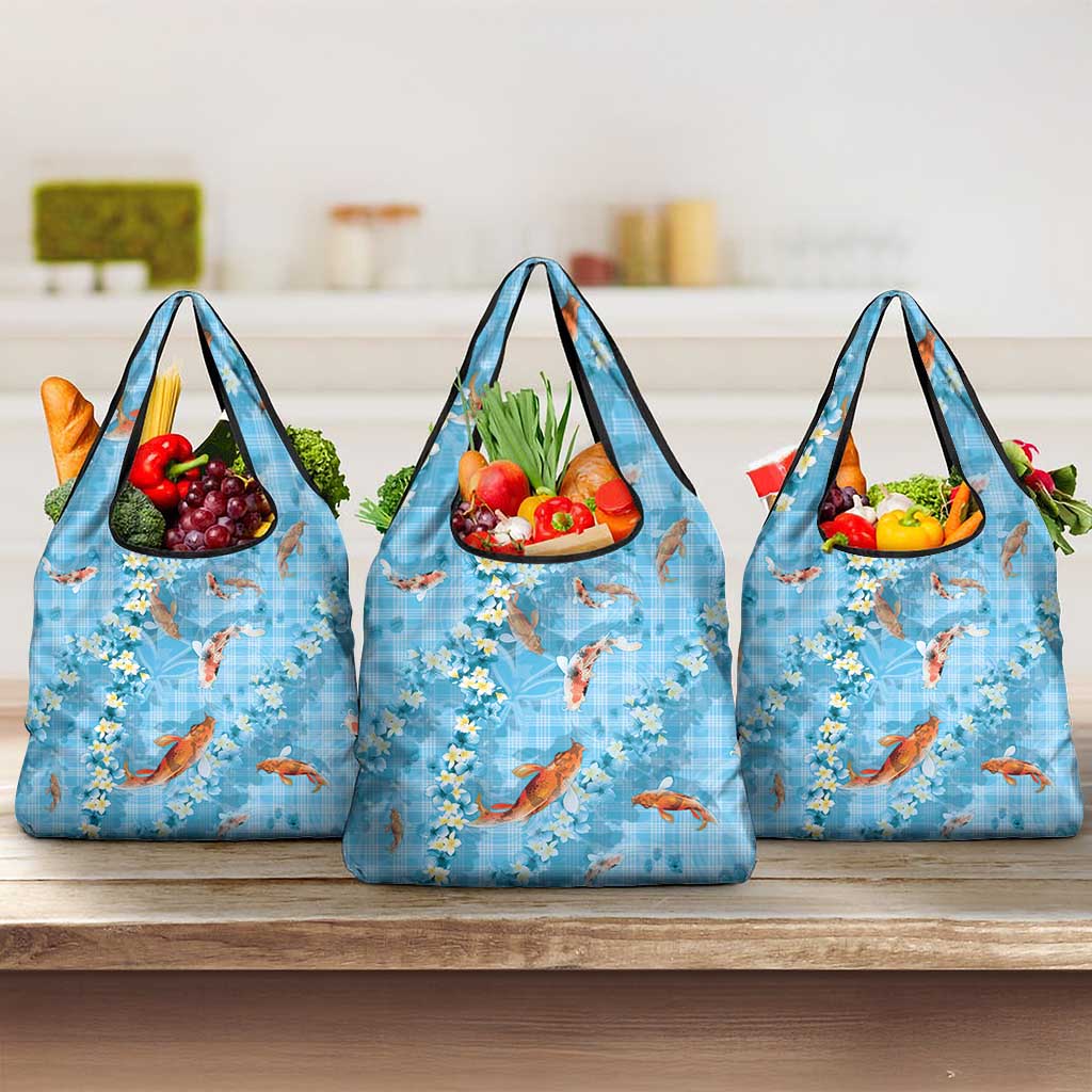 Blue Palaka Hawaiian And Japanese Grocery Bag Sakura Lei With Koi Fish - Polynesian Pride