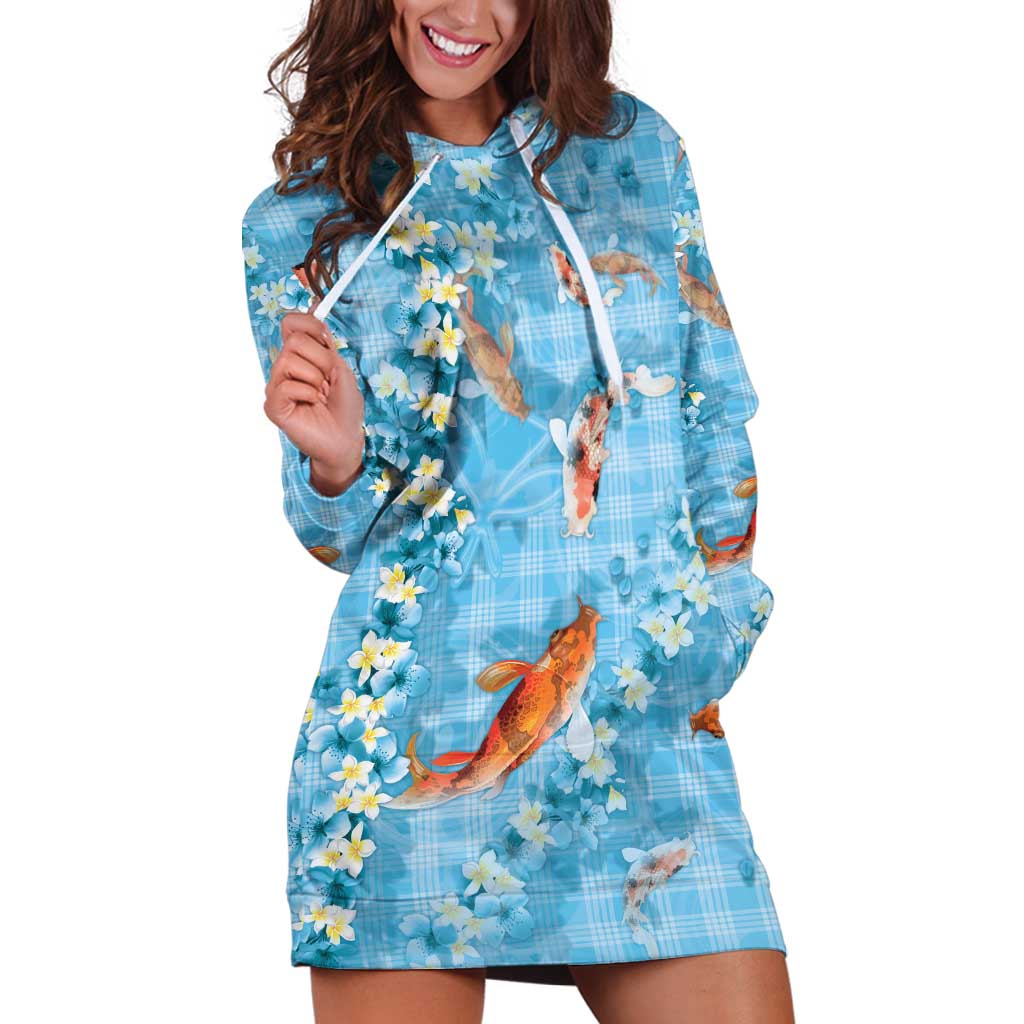 Blue Palaka Hawaiian And Japanese Hoodie Dress Sakura Lei With Koi Fish DT05 Blue - Polynesian Pride