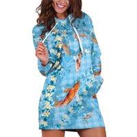 Blue Palaka Hawaiian And Japanese Hoodie Dress Sakura Lei With Koi Fish DT05 Blue - Polynesian Pride
