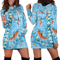 Blue Palaka Hawaiian And Japanese Hoodie Dress Sakura Lei With Koi Fish DT05 - Polynesian Pride