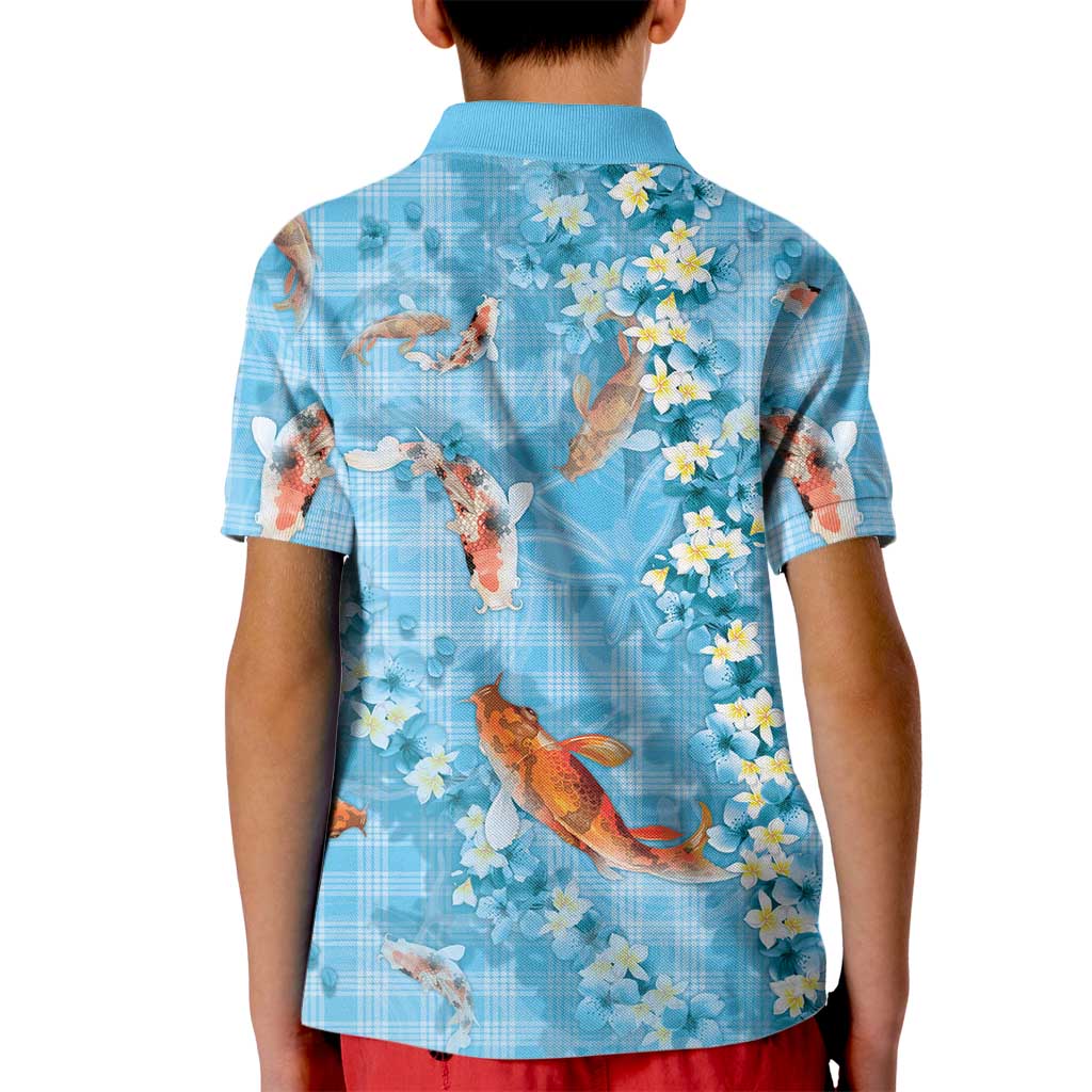 Blue Palaka Hawaiian And Japanese Kid Polo Shirt Sakura Lei With Koi Fish - Polynesian Pride