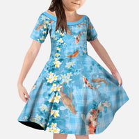 Blue Palaka Hawaiian And Japanese Kid Short Sleeve Dress Sakura Lei With Koi Fish - Polynesian Pride
